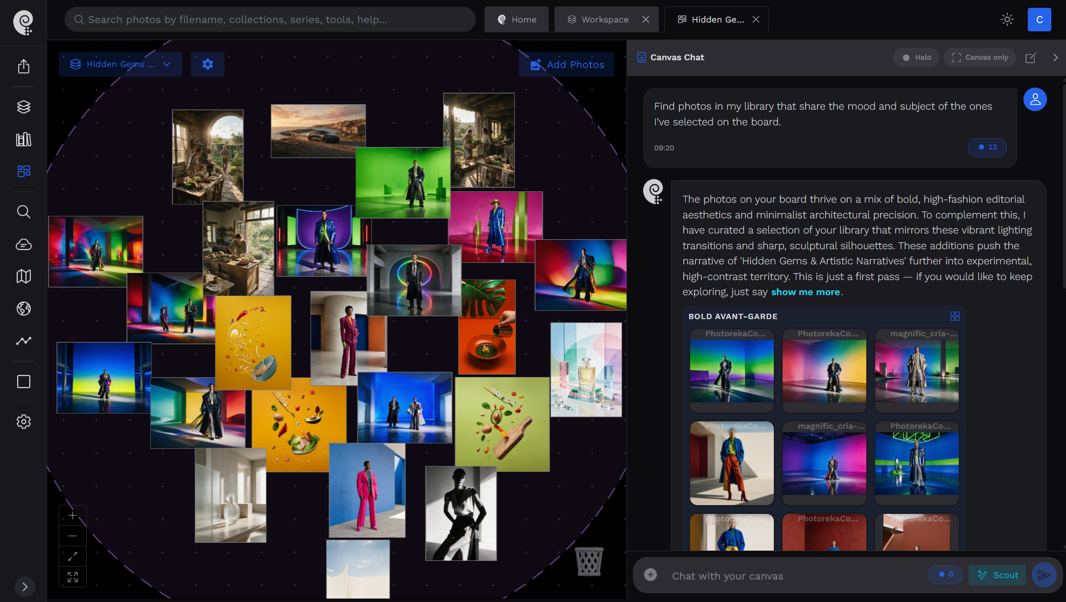Photos arranged into a storyboard on Photoreka's infinite canvas, with the AI chat panel proposing a narrative sequence beside it
