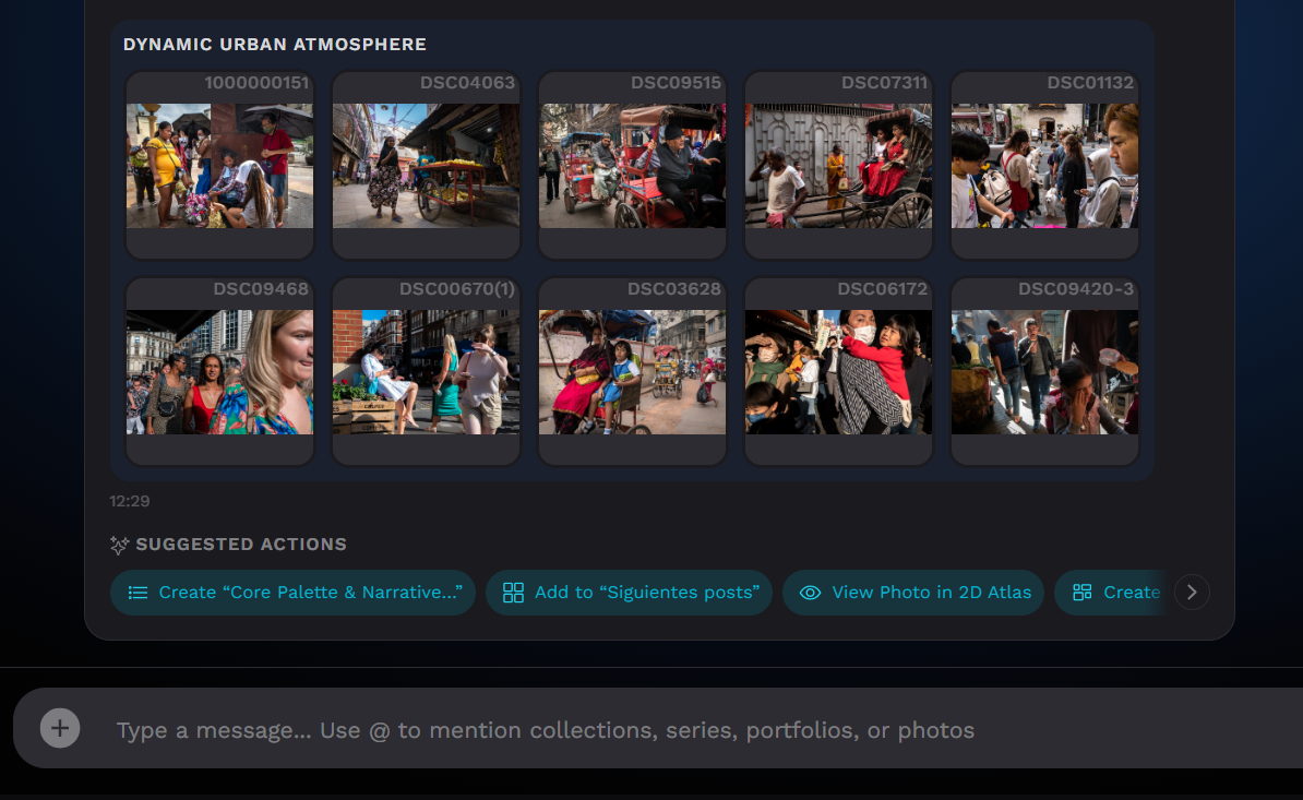 Suggested actions beneath a ChatLab response: create collection, add to series, open in Workspace